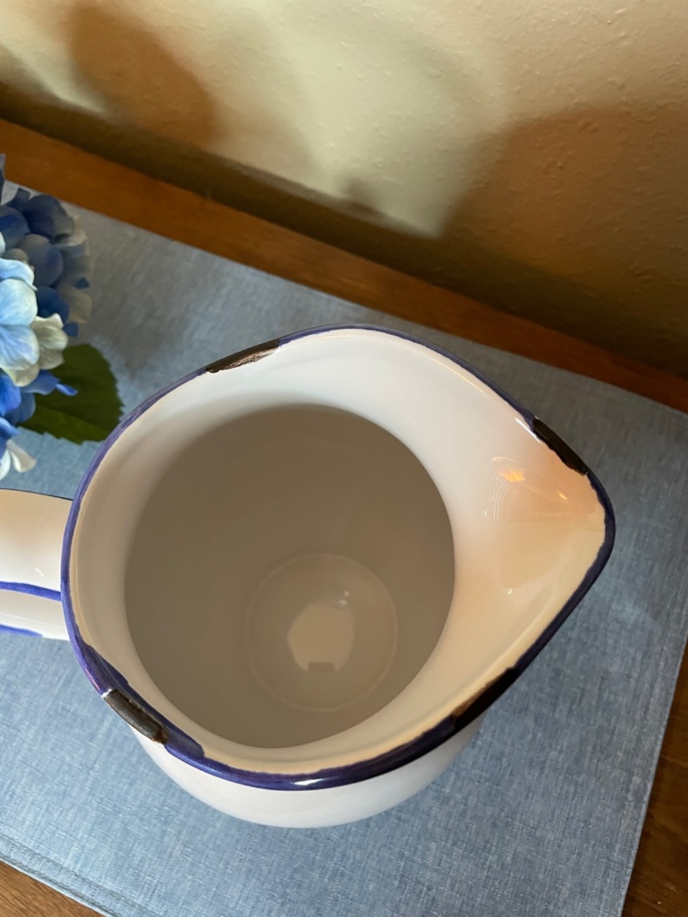 Vintage White Ceramic Pitcher with Blue Trim-Shabby Chic Cottagecore Style - Picture 5 of 10